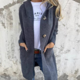 Women's Long Hooded Knitted Cardigan with Pockets