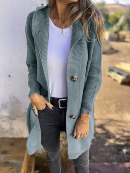 Women's Long Hooded Knitted Cardigan with Pockets