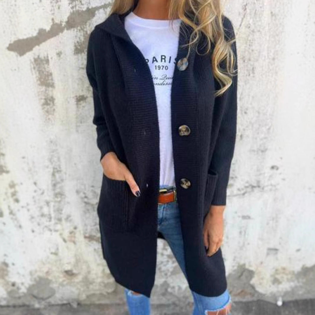 Women's Long Hooded Knitted Cardigan with Pockets