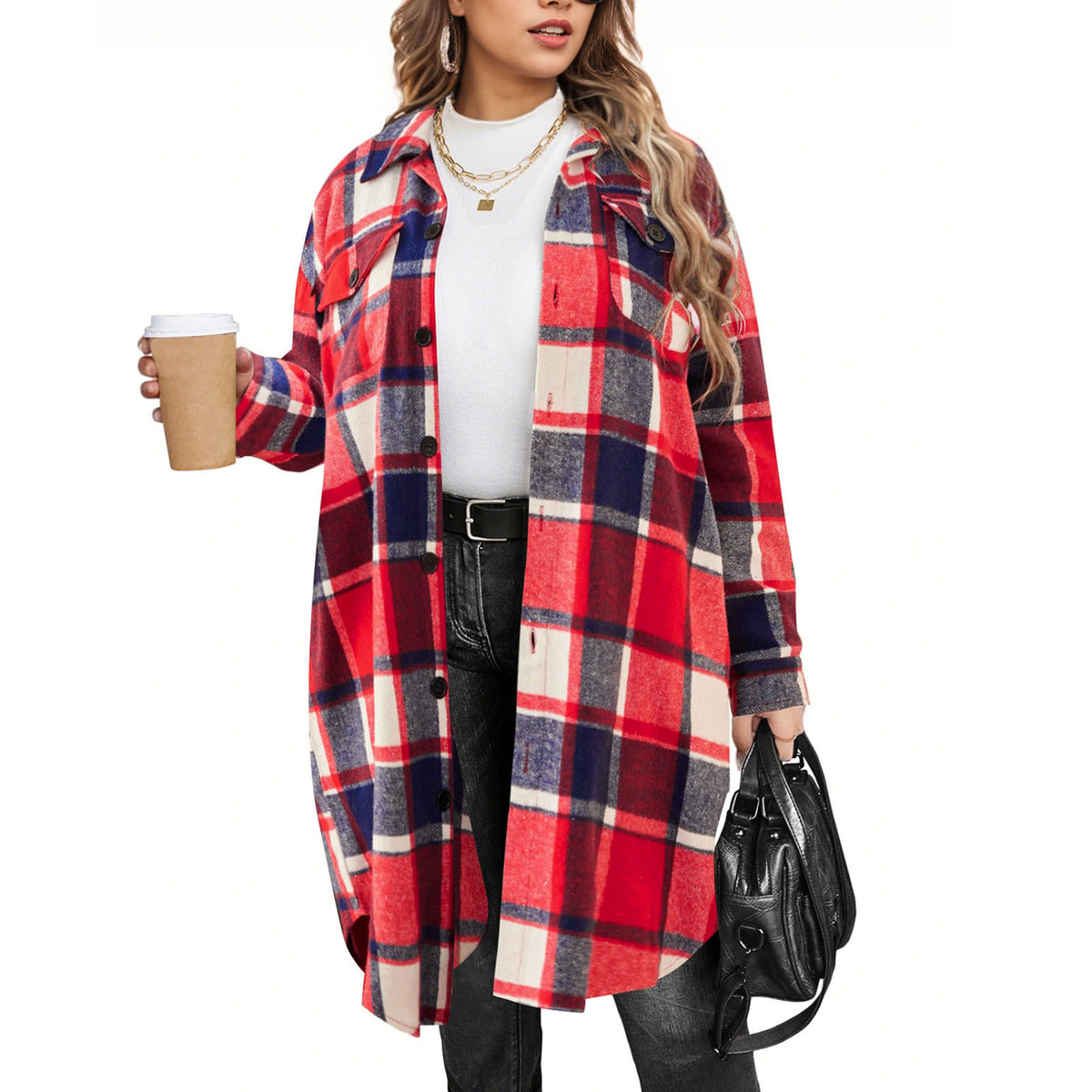 Women's Long Plaid Casual Coat