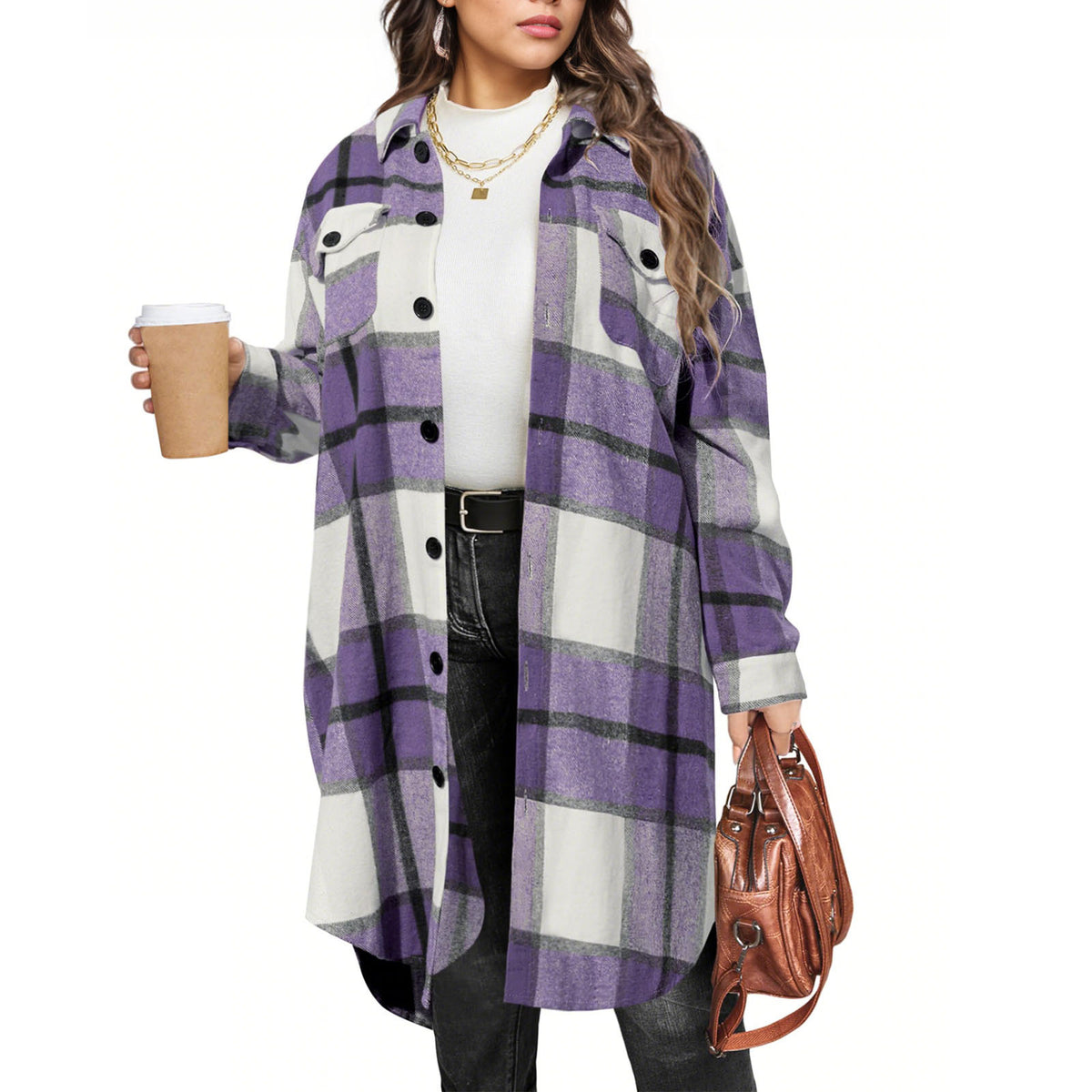 Women's Long Plaid Casual Coat