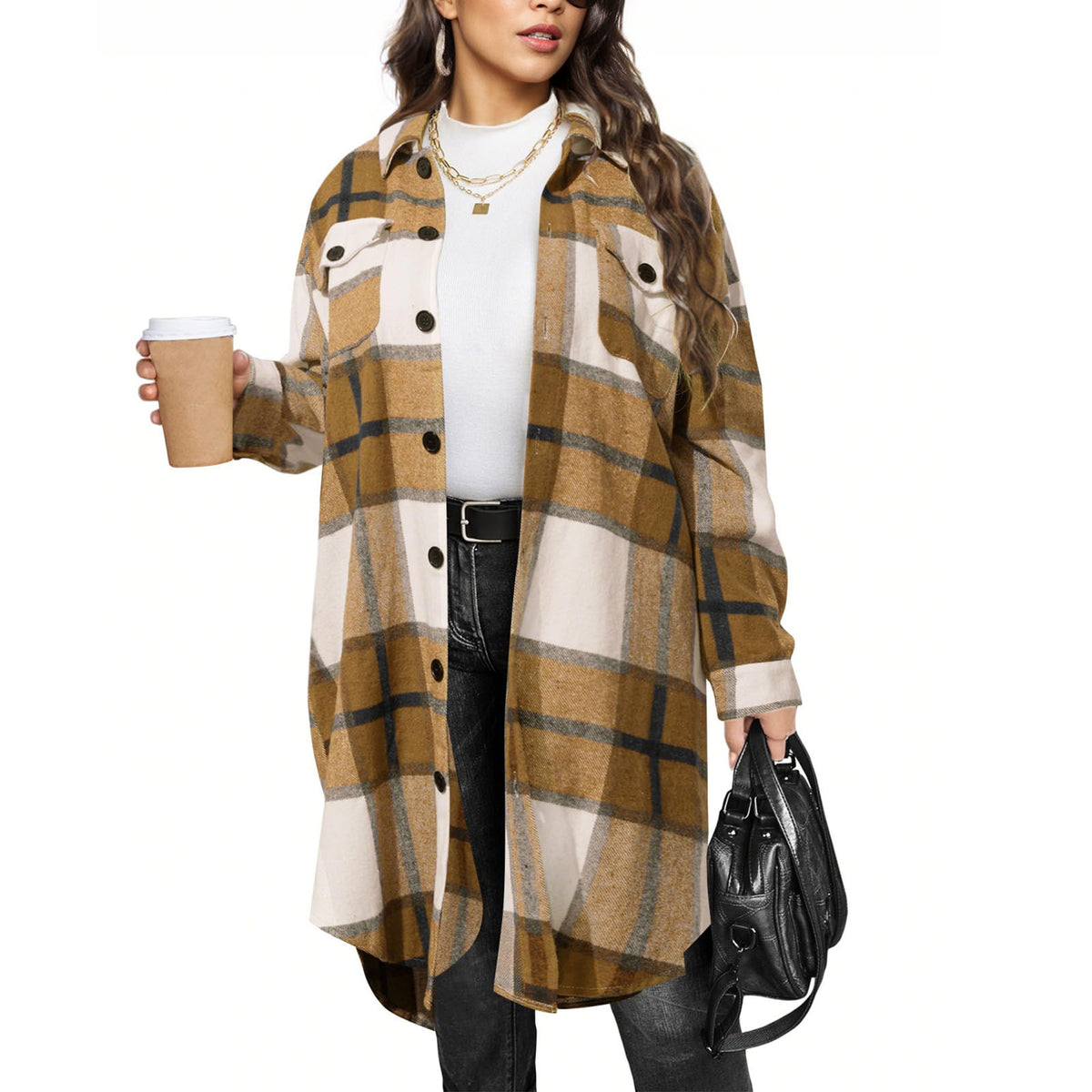 Women's Long Plaid Casual Coat