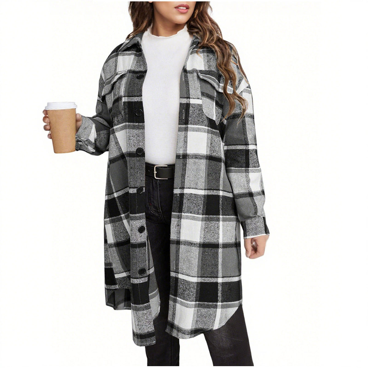 Women's Long Plaid Casual Coat