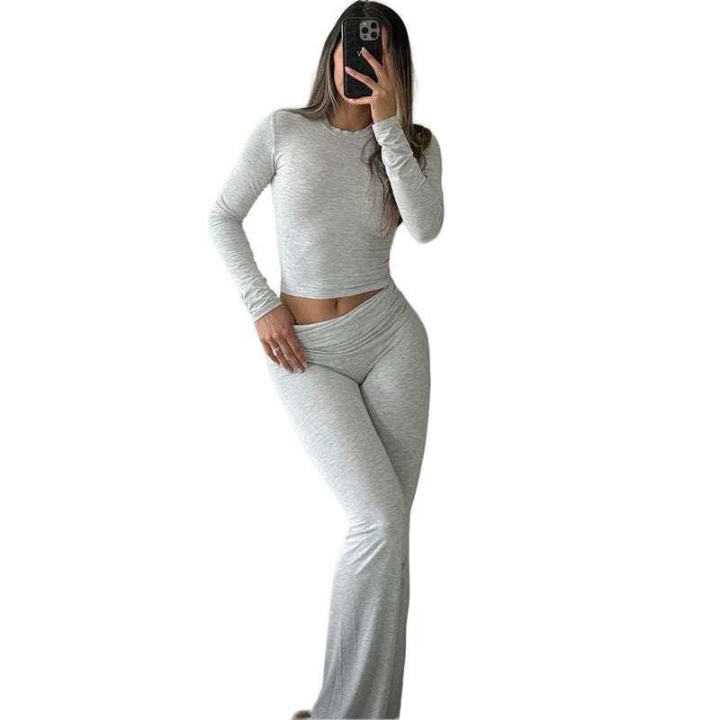 Women's Long Sleeve Crew Neck Flared Pants Two-Piece Set