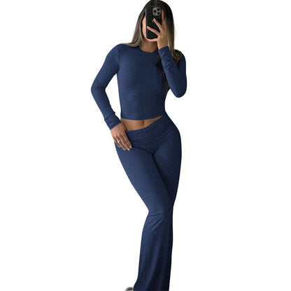 Women's Long Sleeve Crew Neck Flared Pants Two-Piece Set