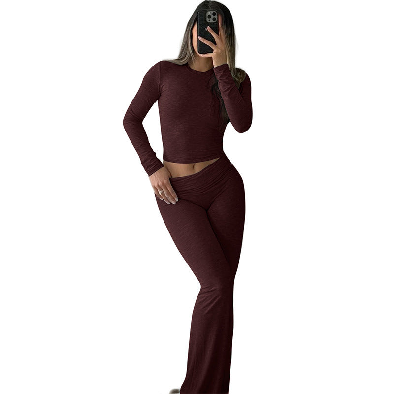 Women's Long Sleeve Crew Neck Flared Pants Two-Piece Set