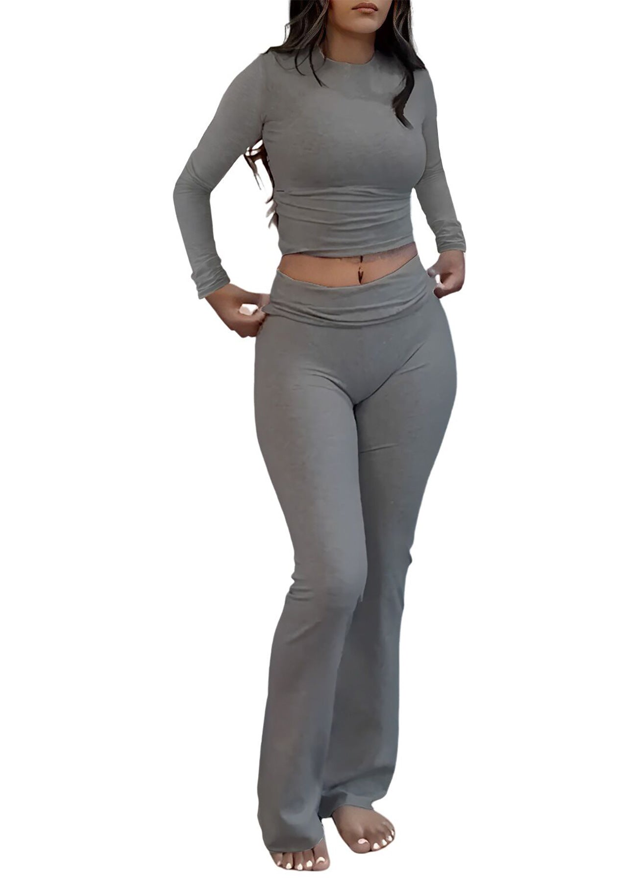 Women's Long Sleeve Crew Neck Flared Pants Two-Piece Set