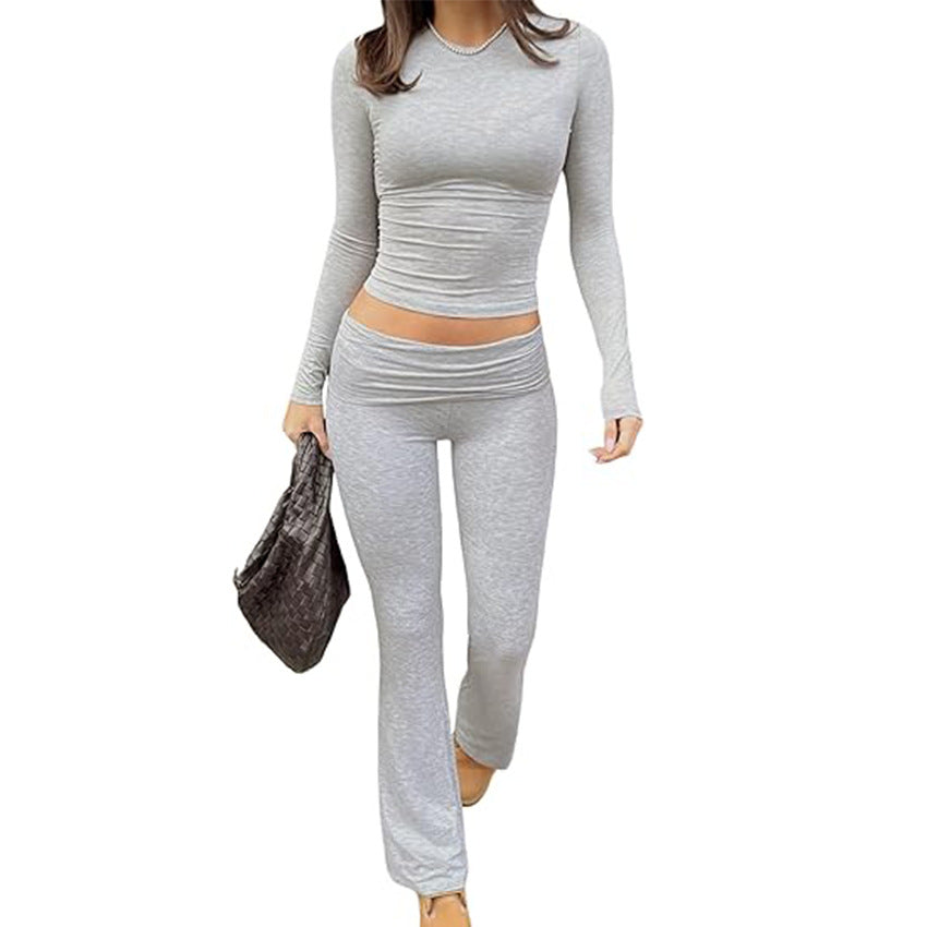 Women's Long Sleeve Crew Neck Flared Pants Two-Piece Set