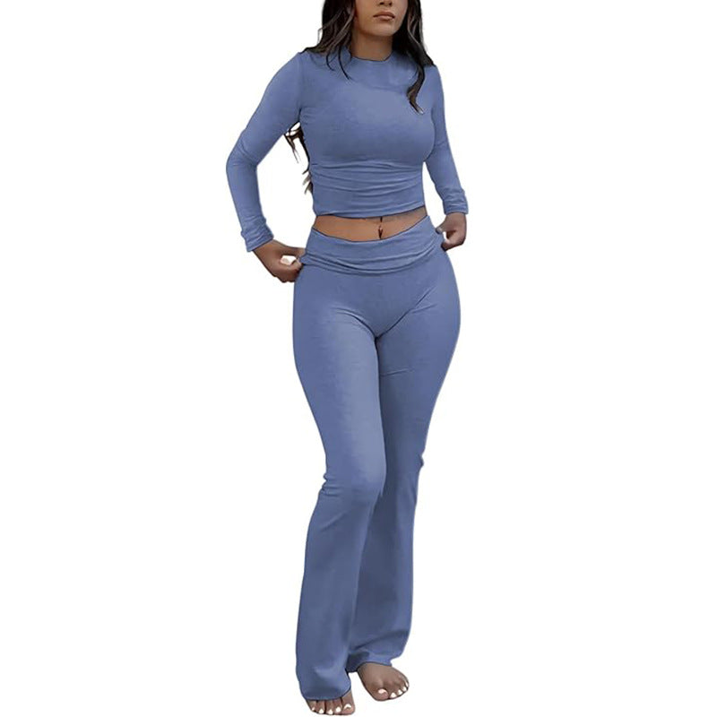 Women's Long Sleeve Crew Neck Flared Pants Two-Piece Set