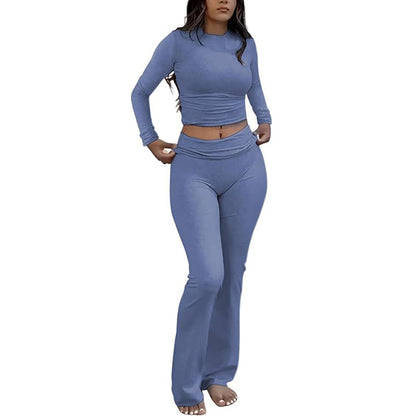 Women's Long Sleeve Crew Neck Flared Pants Two-Piece Set