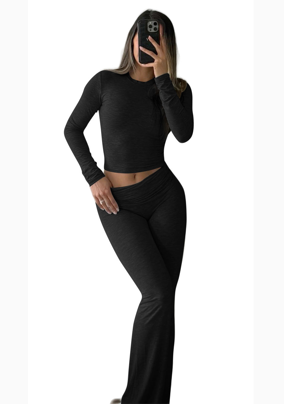 Women's Long Sleeve Crew Neck Flared Pants Two-Piece Set