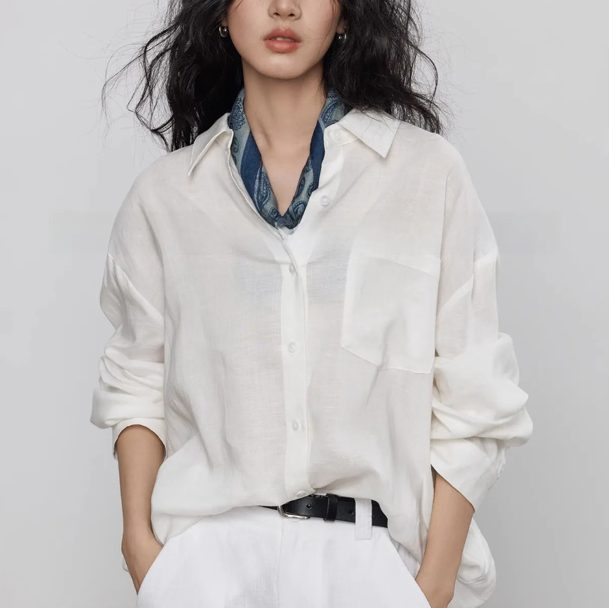 Women's Long-Sleeve Shirt with Tencel Linen, Vintage Style, Casual and Lazy, Suitable for Commuting