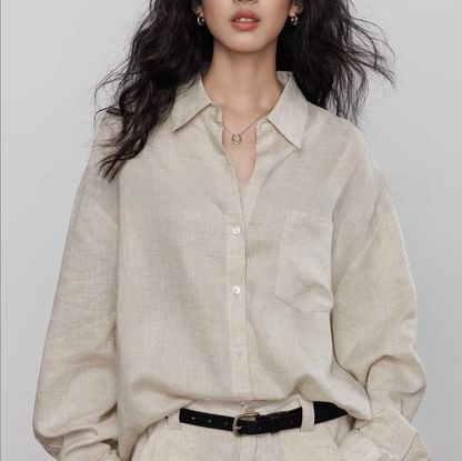Women's Long-Sleeve Shirt with Tencel Linen, Vintage Style, Casual and Lazy, Suitable for Commuting