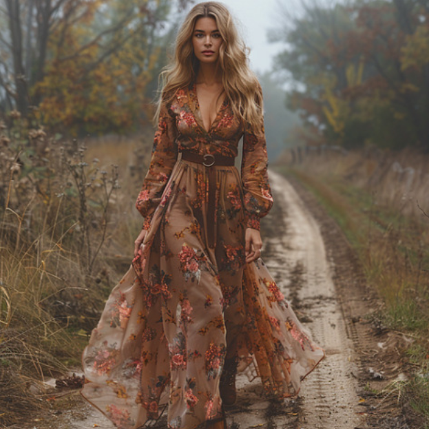 Women's Long Sleeve V-Neck Floral Print Dress
