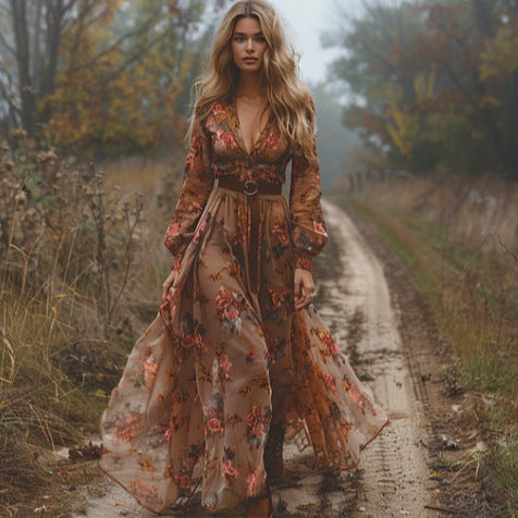 Women's Long Sleeve V-Neck Floral Print Dress