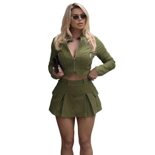 Women's Long Sleeve Zipper Top and Short Skirt Two-Piece Set