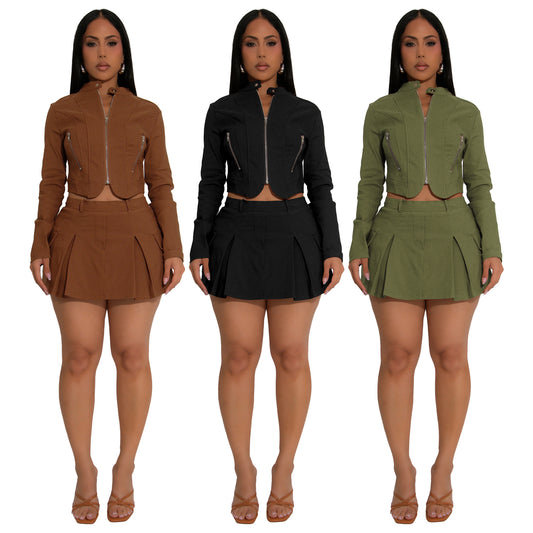 Women's Long Sleeve Zipper Top and Short Skirt Two-Piece Set
