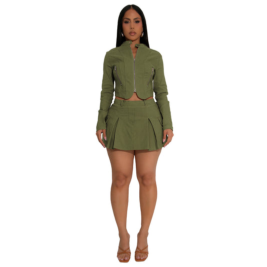 Women's Long Sleeve Zipper Top and Short Skirt Two-Piece Set