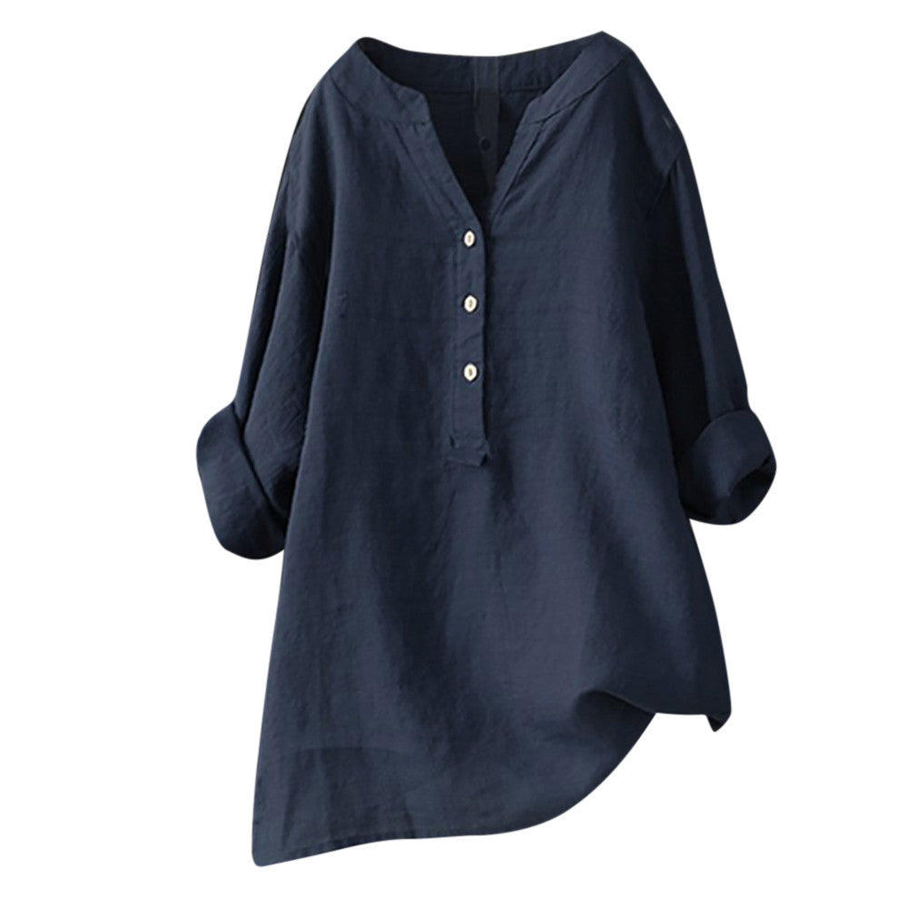 Women's long-sleeved cotton and linen top