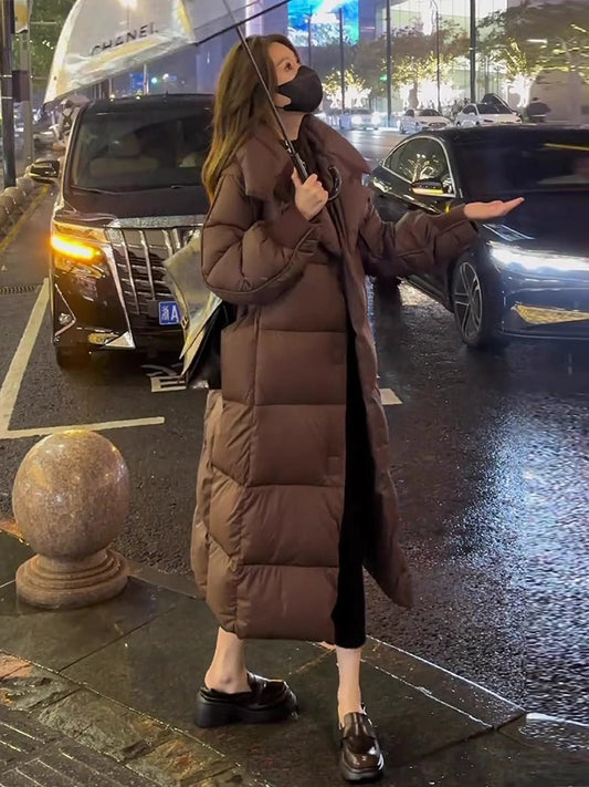 Women's Long White Duck Down Jacket Loose Over-The-Knee Winter Coat
