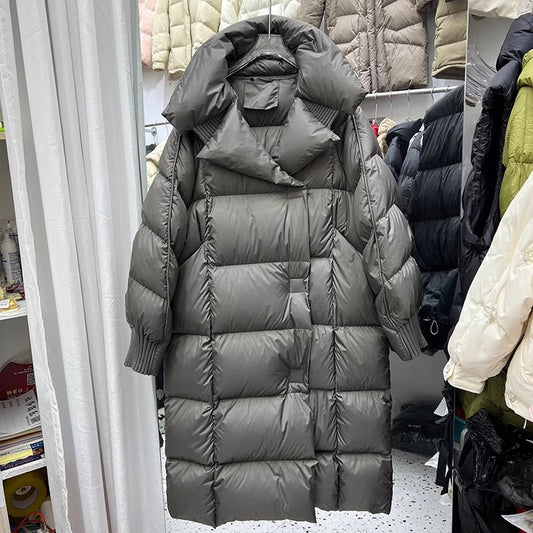 Women's Long White Duck Down Jacket Loose Over-The-Knee Winter Coat