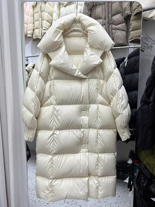Women's Long White Duck Down Jacket Loose Over-The-Knee Winter Coat