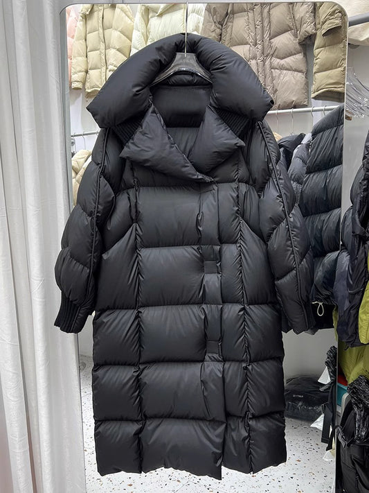 Women's Long White Duck Down Jacket Loose Over-The-Knee Winter Coat