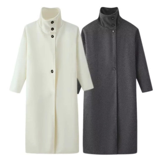 Women's Long Wool Blend Coat with Stand Collar