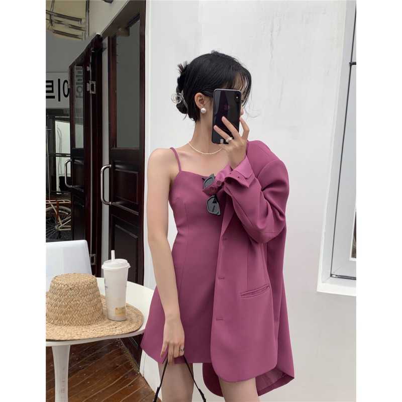 Women's Loose Fit Blazer and Suspenders Skirt Set