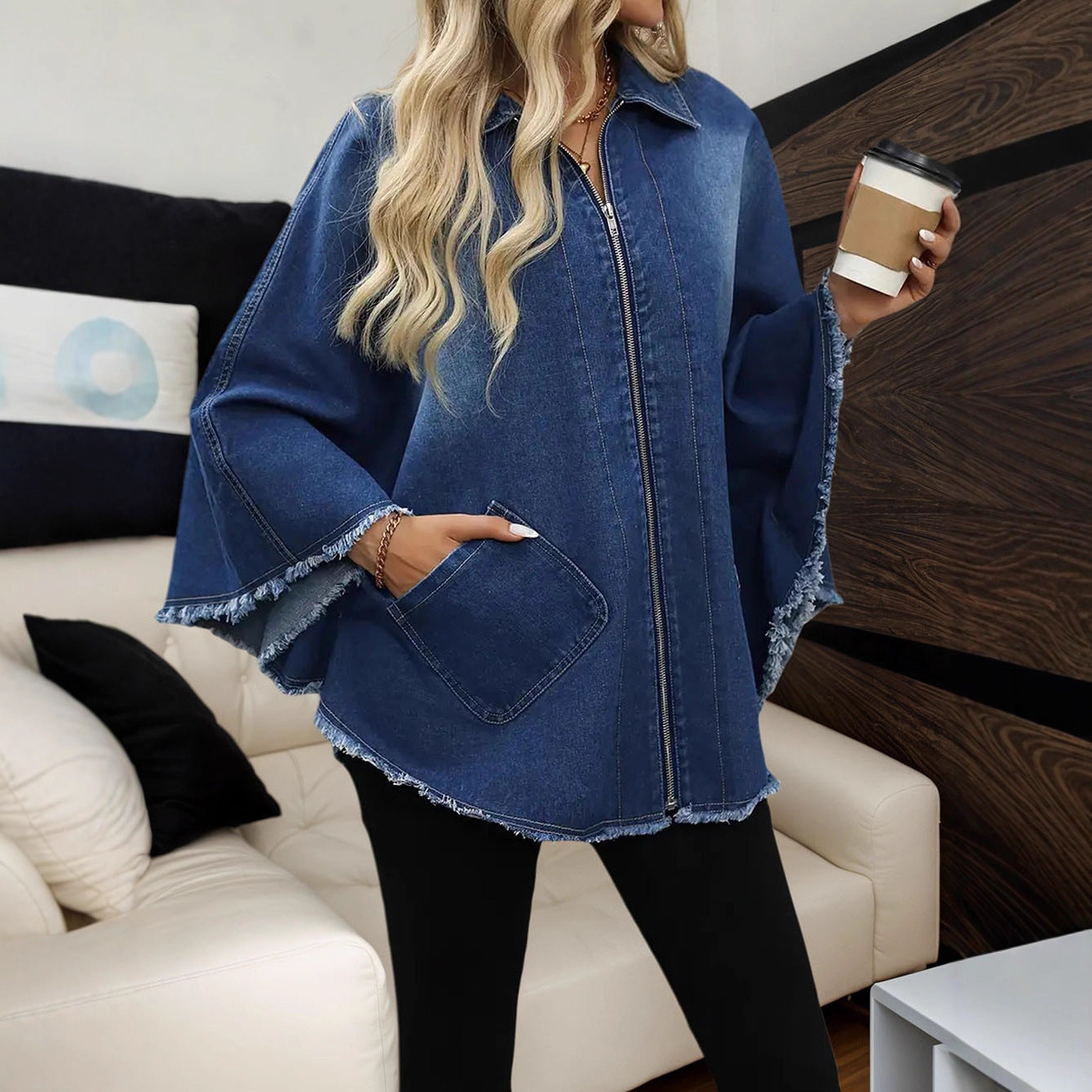 Women's Loose Fit Denim Jacket with Lapel Collar