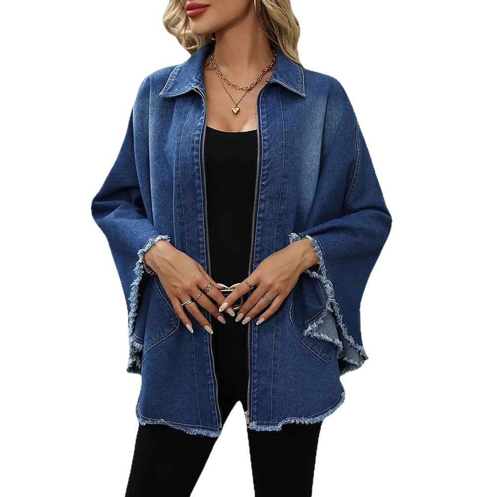 Women's Loose Fit Denim Jacket with Lapel Collar