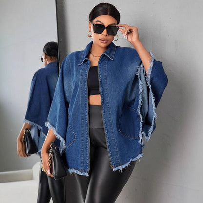 Women's Loose Fit Denim Jacket with Lapel Collar