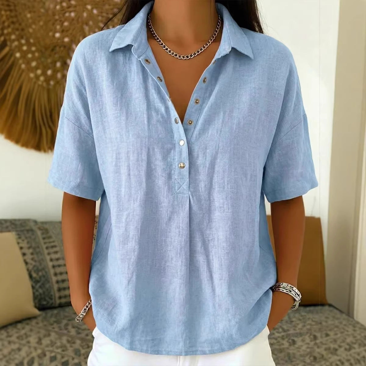 Women's Loose Fit Lapel Short Sleeve Shirt