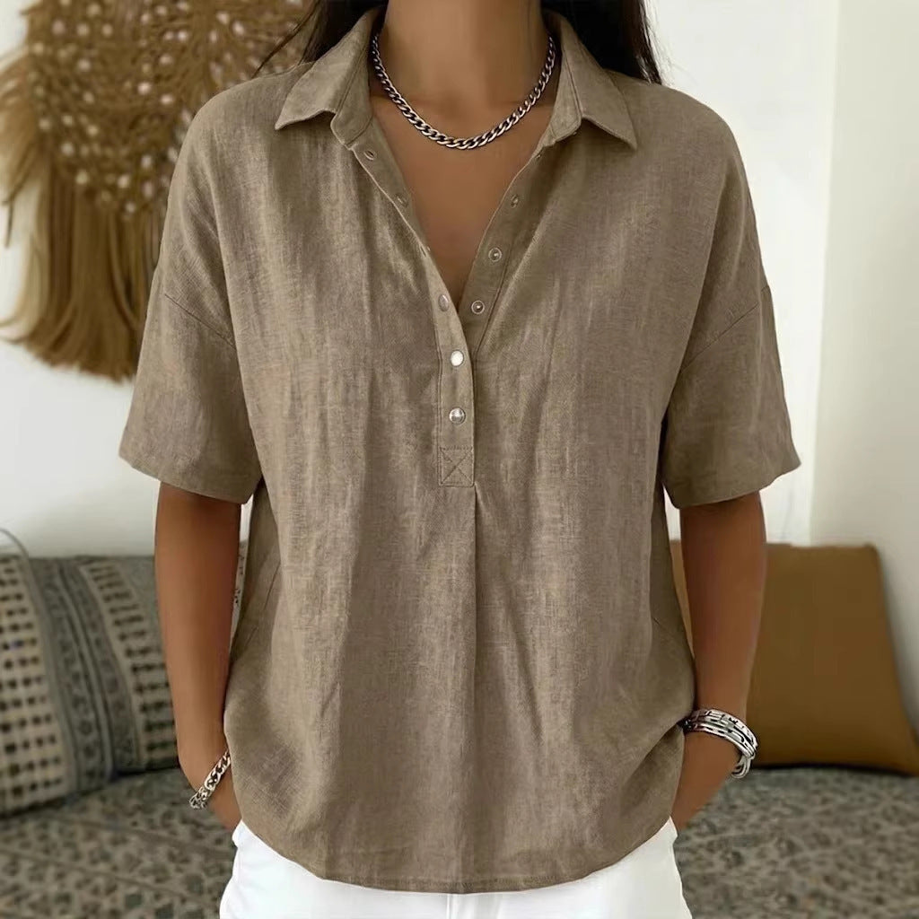 Women's Loose Fit Lapel Short Sleeve Shirt