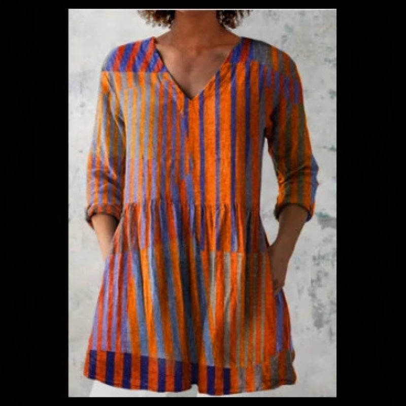 Women's Loose Fit V-Neck Digital Print Short Sleeve Shirt