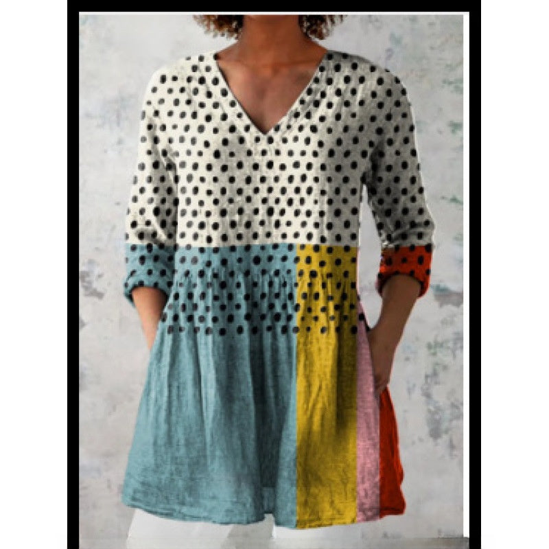 Women's Loose Fit V-Neck Digital Print Short Sleeve Shirt
