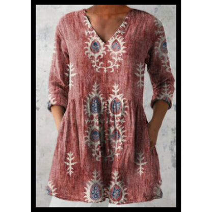 Women's Loose Fit V-Neck Digital Print Short Sleeve Shirt