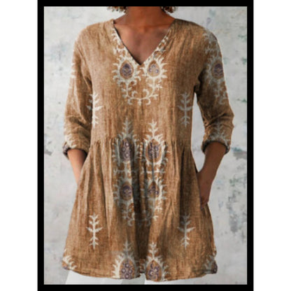 Women's Loose Fit V-Neck Digital Print Short Sleeve Shirt