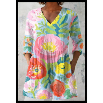 Women's Loose Fit V-Neck Digital Print Short Sleeve Shirt