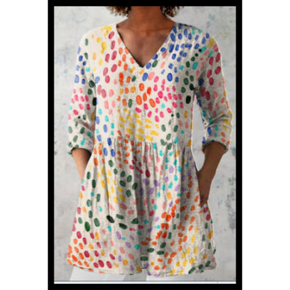 Women's Loose Fit V-Neck Digital Print Short Sleeve Shirt