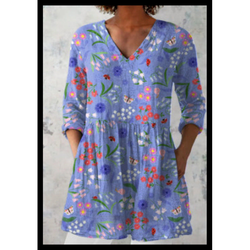 Women's Loose Fit V-Neck Digital Print Short Sleeve Shirt