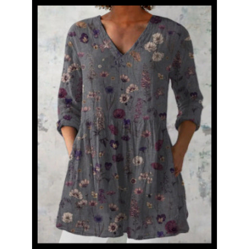 Women's Loose Fit V-Neck Digital Print Short Sleeve Shirt