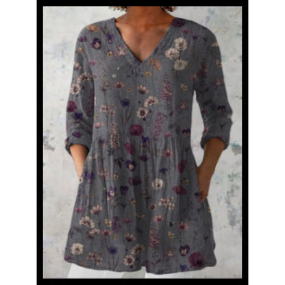 Women's Loose Fit V-Neck Digital Print Short Sleeve Shirt
