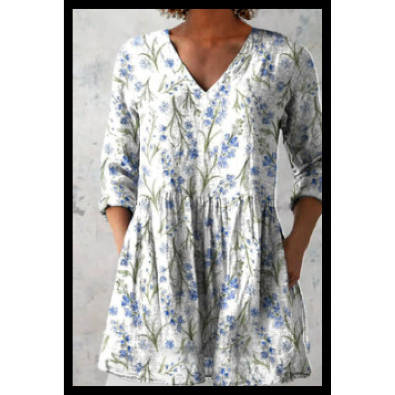 Women's Loose Fit V-Neck Digital Print Short Sleeve Shirt