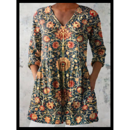 Women's Loose Fit V-Neck Digital Print Short Sleeve Shirt