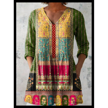 Women's Loose Fit V-Neck Digital Print Short Sleeve Shirt