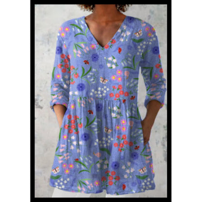 Women's Loose Fit V-Neck Digital Print Short Sleeve Shirt