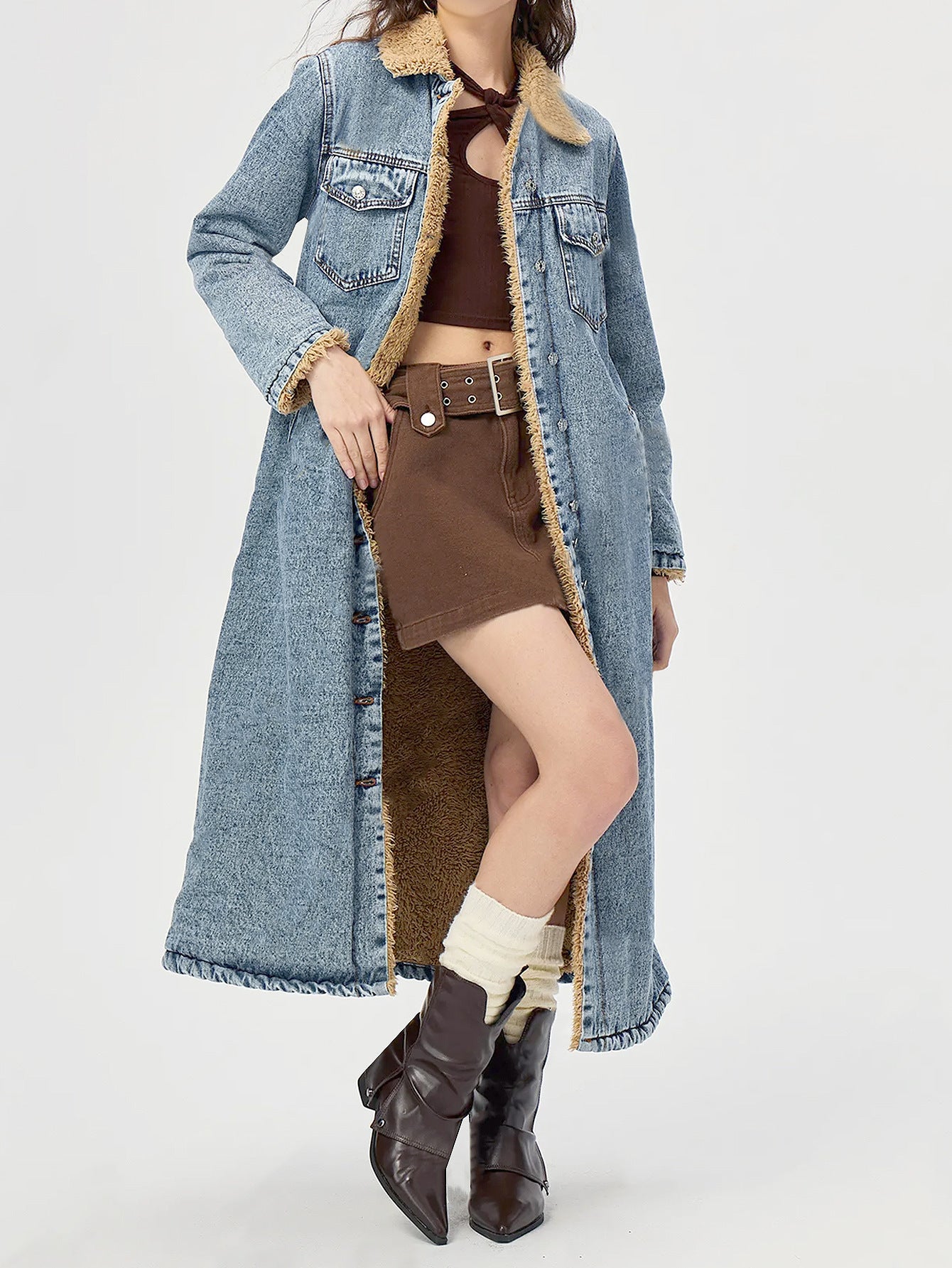 Women's Loose Long Plush-lined Denim Jacket