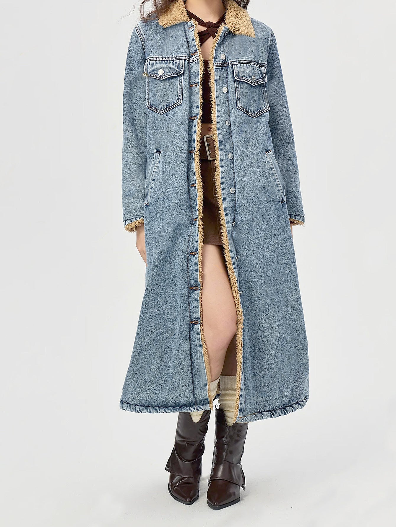 Women's Loose Long Plush-lined Denim Jacket