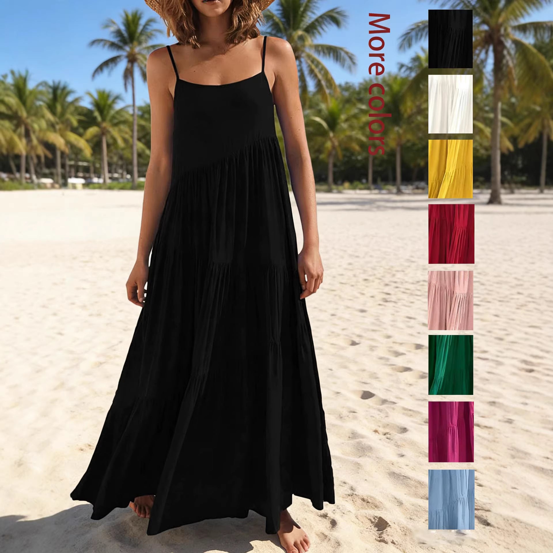 Women's Loose Solid Color Pleated Irregular Beach Strap Maxi Dress